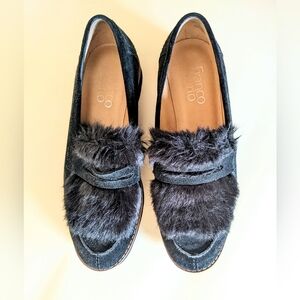 Franco Sarto 6.5 black suede faux furry loafer "Harriet" comfort rubber sole VGC